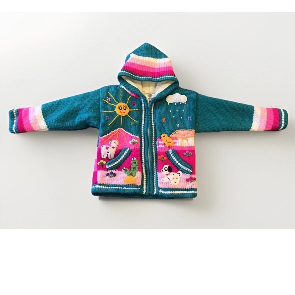 Peruvian Sweater Kids 2 Colourful Animal Chunky Knit Embroidered Fleece lined